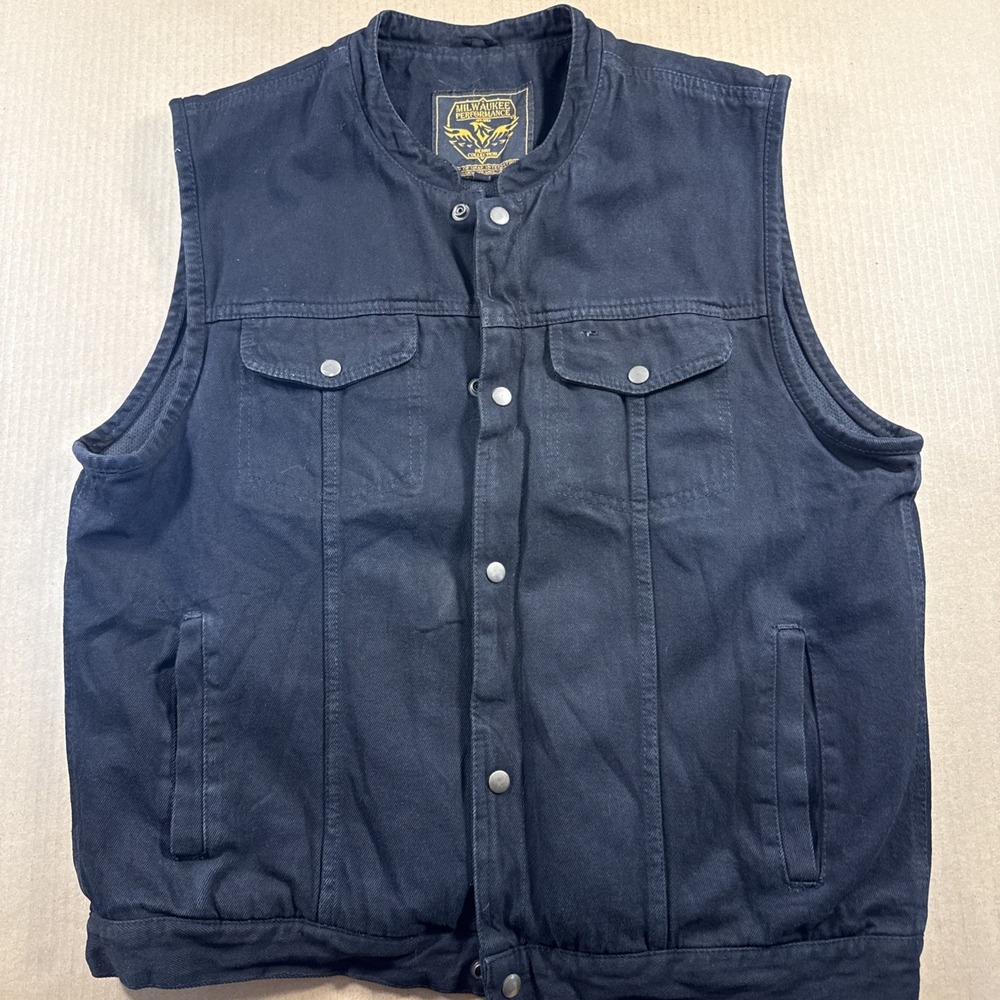 Milwaukee Performance Mens Black Denim Biker Vest 2XL Club Style Gun pocket